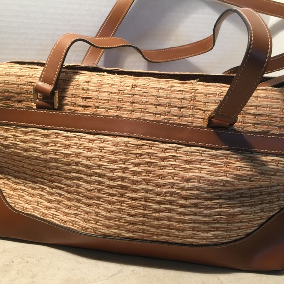 Etienne Aigner Tan Leather and Straw Satchel Bag - Picture 2 of 4